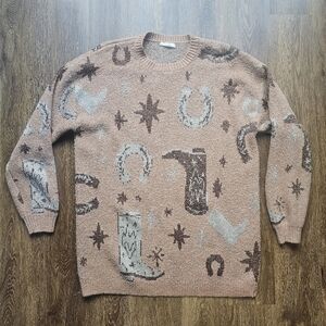 Entro Cowboy Sweater XL Womens  Brown Multi-Print Boot Western Sparkly Nashville